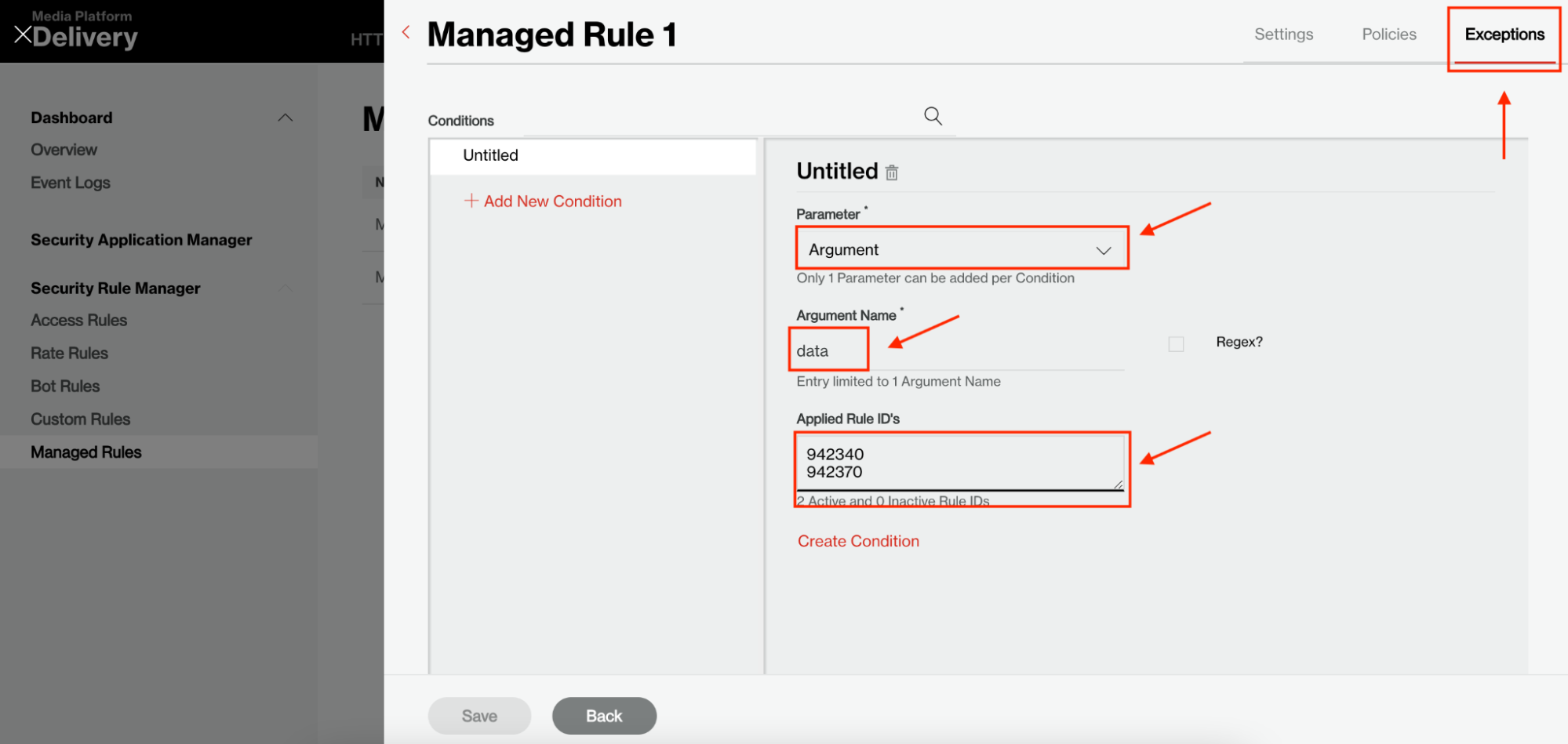 Figure 10 The Exceptions Tab under the Managed Rule configuration